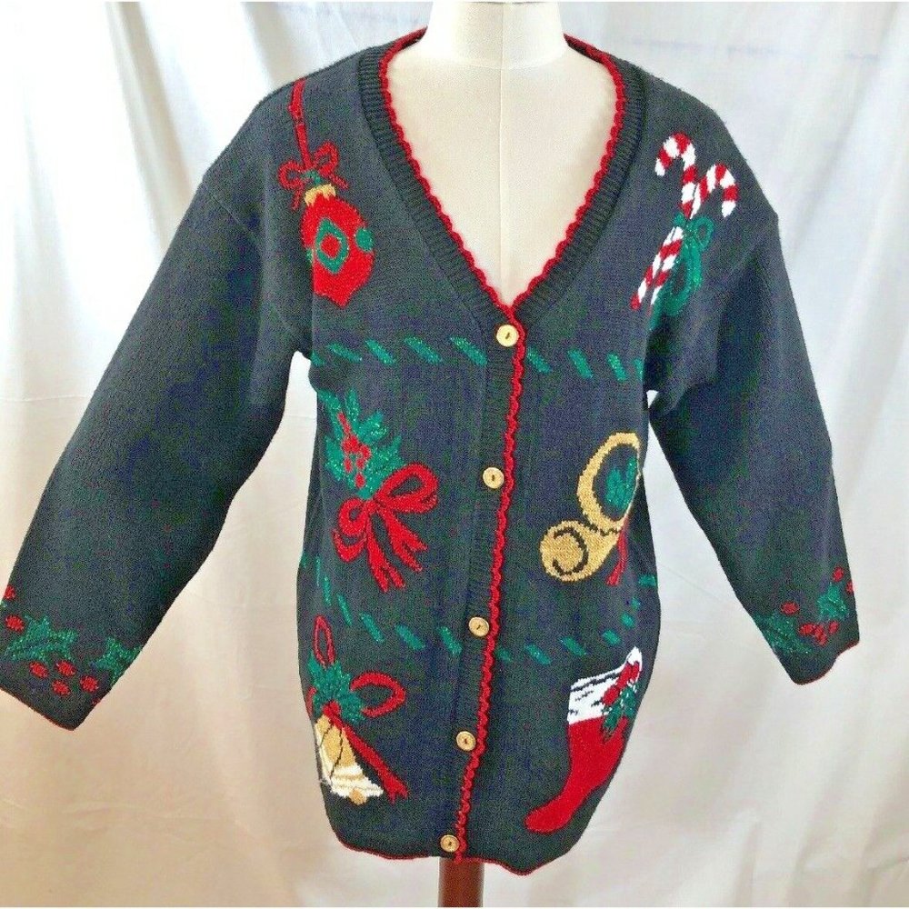 Style Studio Womens Size S Knit Cardigan Christmas Sweater Black w/ Red Green